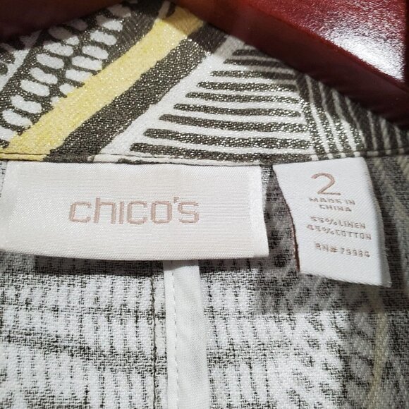 Chicos Women's Yellow Gray Shimmer Heidi Geometric Print Jacket Linen Blend Sz 2 - Picture 6 of 13